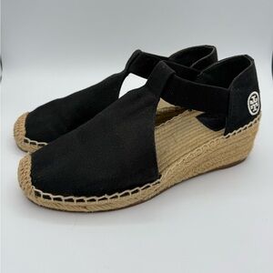 Tory Burch Black Espadrille Wedge Flats Canvas Logo‎ Sandals Slip-on